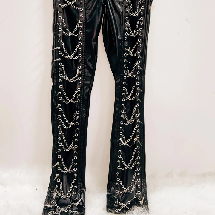 PU leather metal chain rivet pant  | Festival Outfits Women
