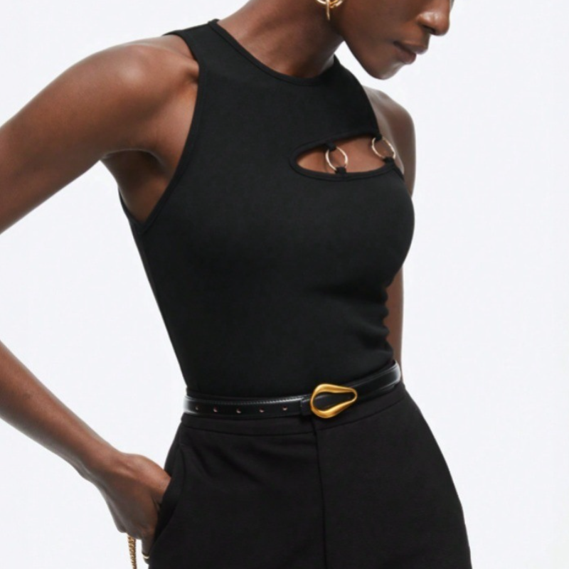 Crewneck o ring hollow out irregular black cut out top  | Festival Outfits Women