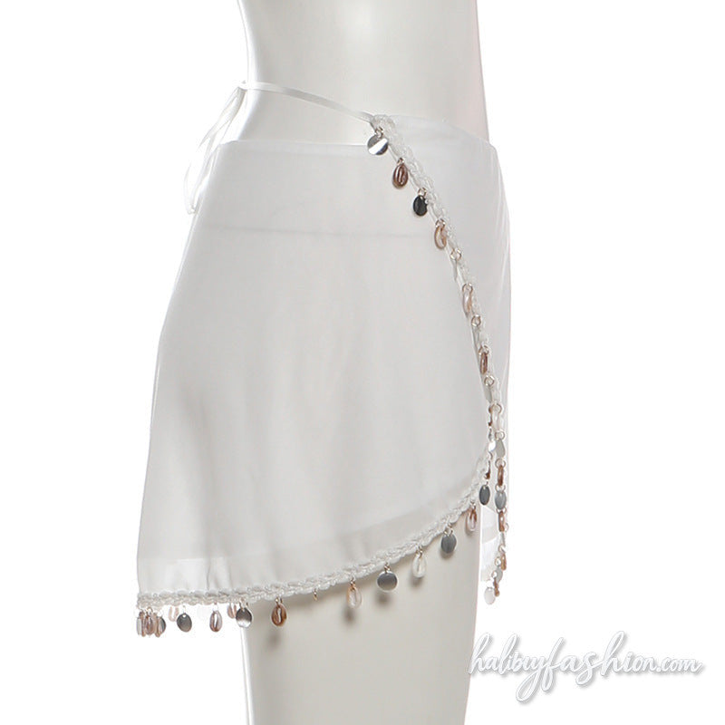 Irregular shell applique chiffon self tie mini skirt