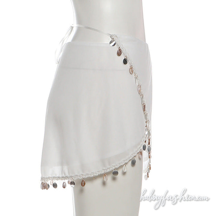 Irregular shell applique chiffon self tie mini skirt