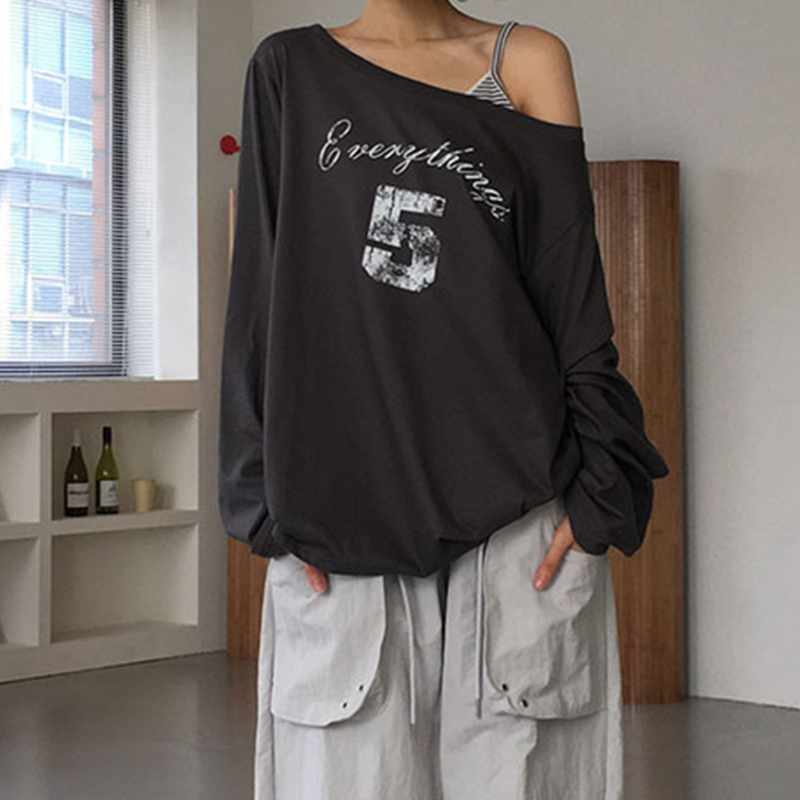 Long sleeve letter pattern one shoulder top  | Festival Outfits Women