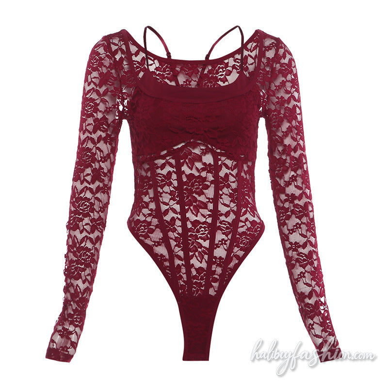 Long sleeve lace u neck hollow out bodysuit