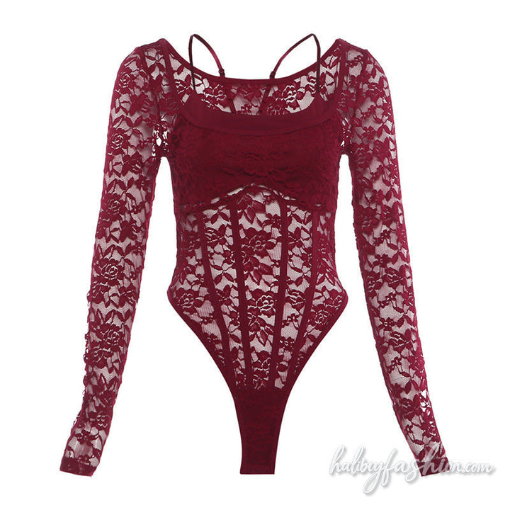 Long sleeve lace u neck hollow out bodysuit