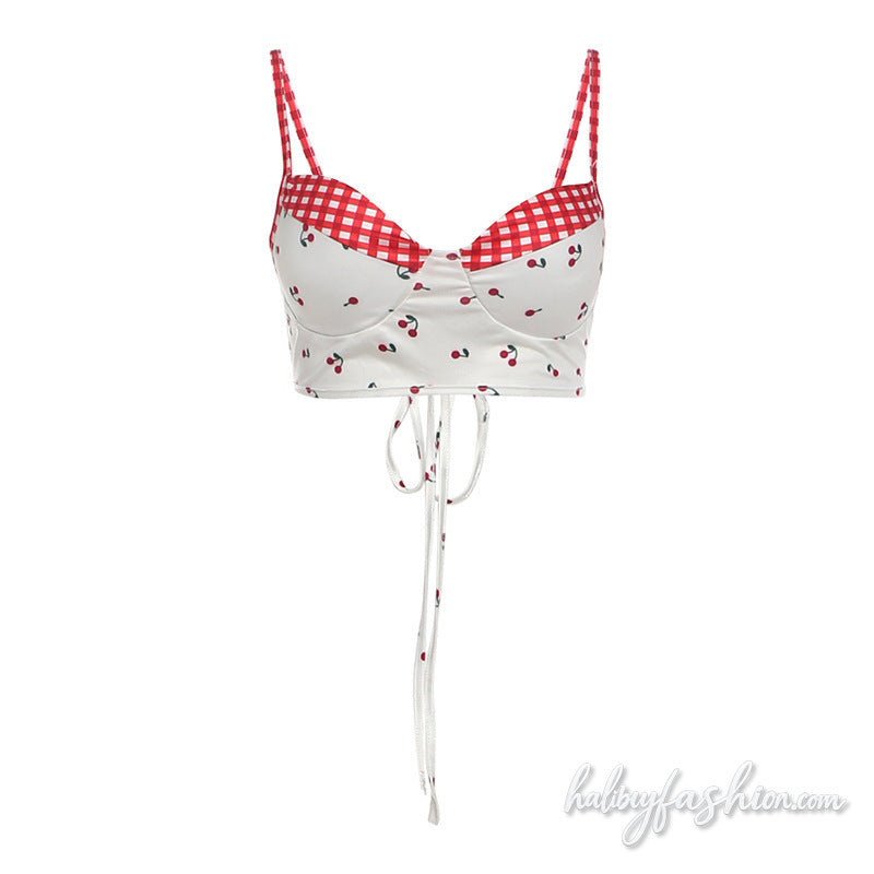 V neck plaid cherry print self tie cami top