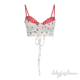 V neck plaid cherry print self tie cami top