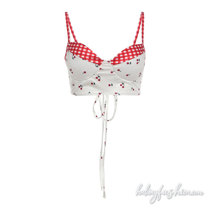 V neck plaid cherry print self tie cami top