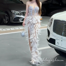 Feather slit beaded irregular backless maxi dress