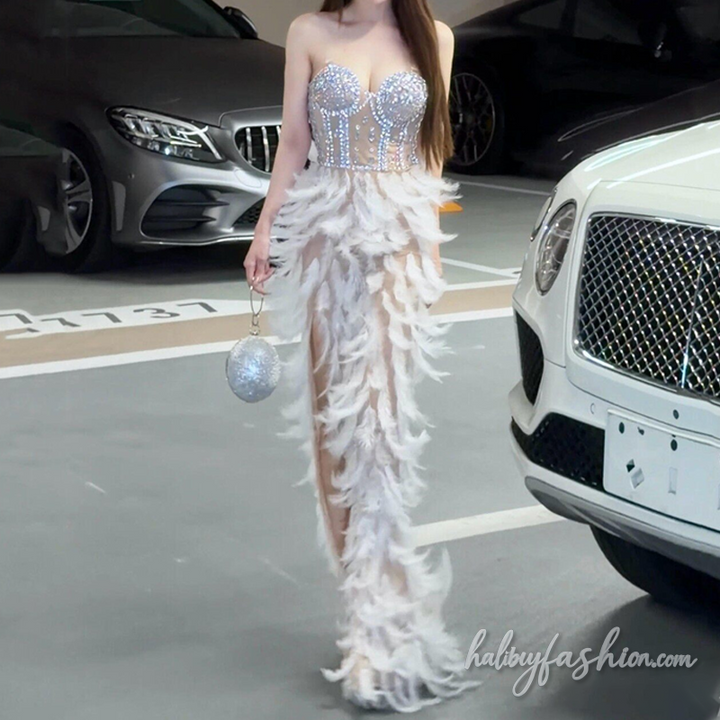 Feather slit beaded irregular backless maxi dress