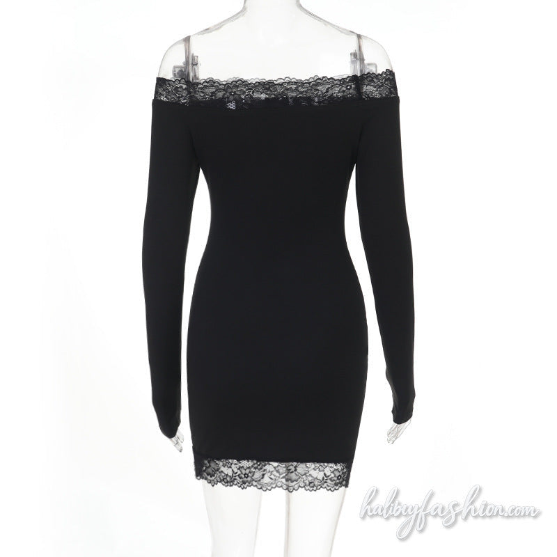Off shoulder lace hem long sleeve solid mini dress