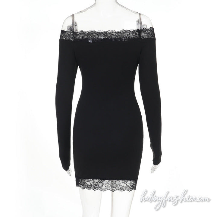 Off shoulder lace hem long sleeve solid mini dress