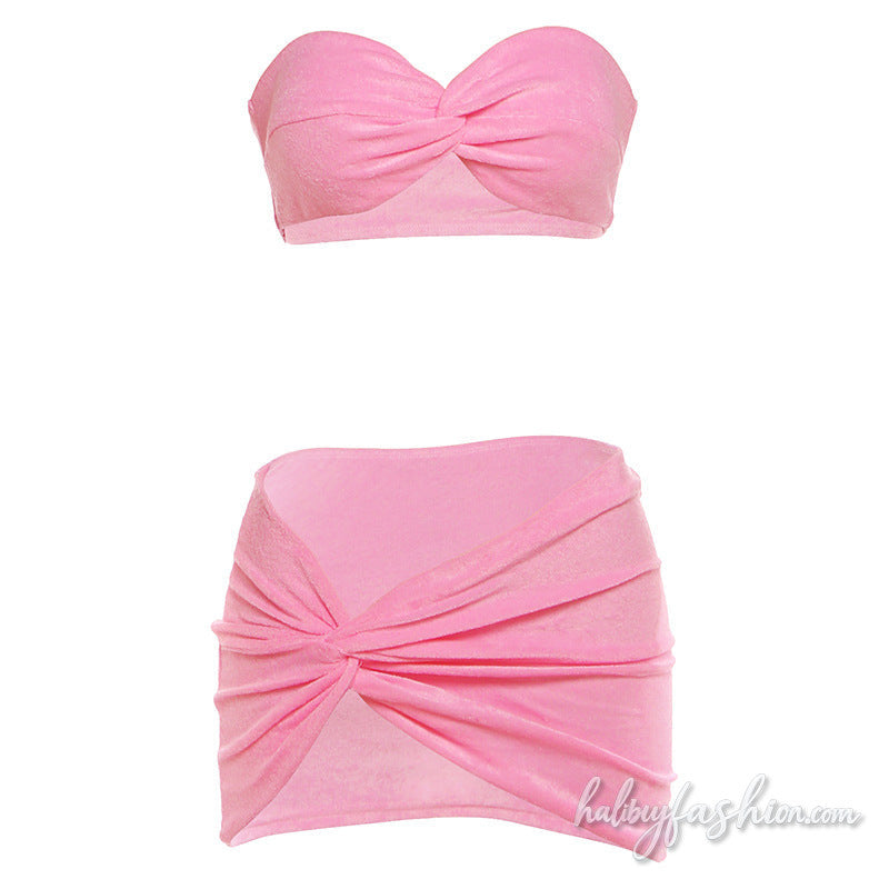 Ruched irregular solid backless tube mini skirt set