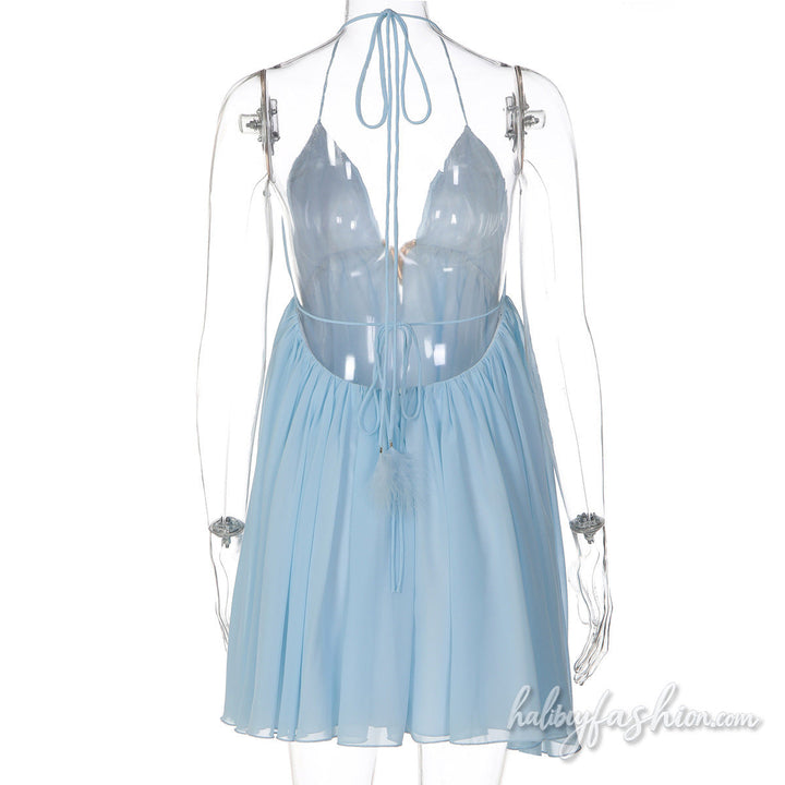 Halter self tie v neck ruched chiffon mini dress
