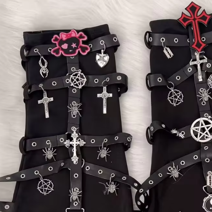 Metal chain cross skull applique knee sleeve  | Festival Outfits Women
