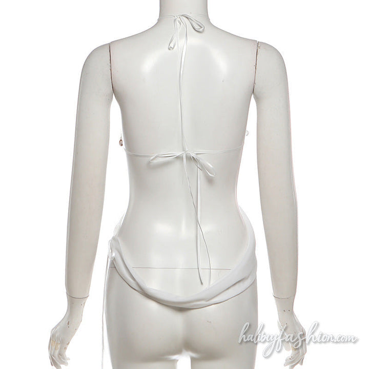 Hollow out halter self tie shell applique top