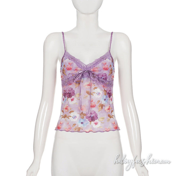 Lace hem v neck flower print mesh cami top