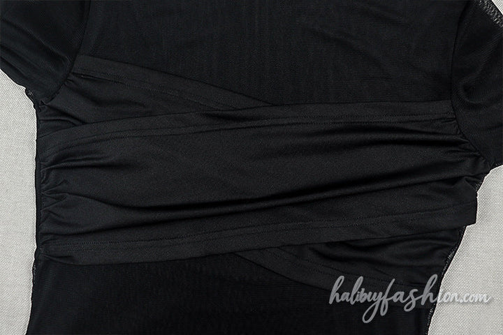 Long sleeve crewneck ruched mesh solid mini dress - Halibuy - 6