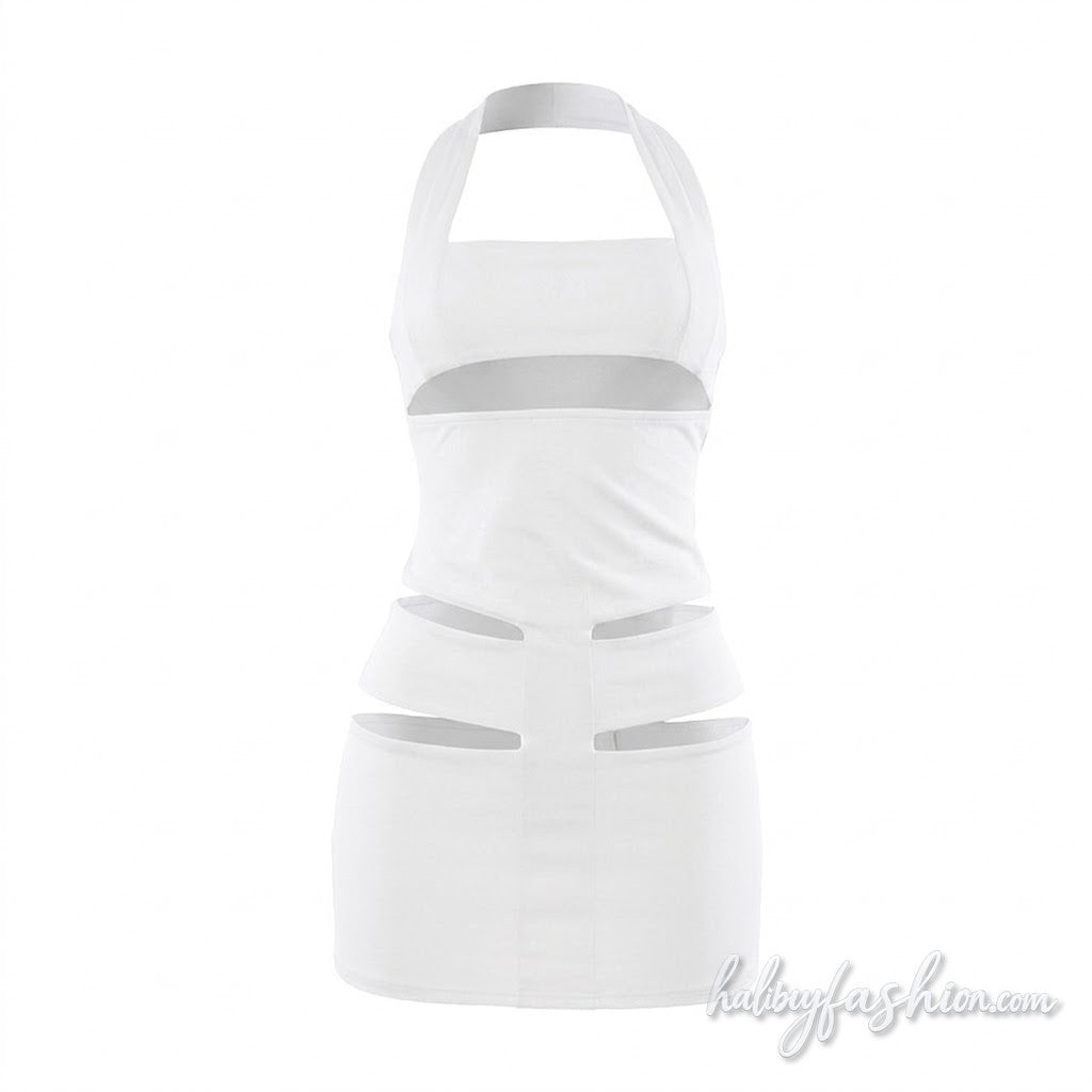 Halter hollow out square neck solid mini dress
