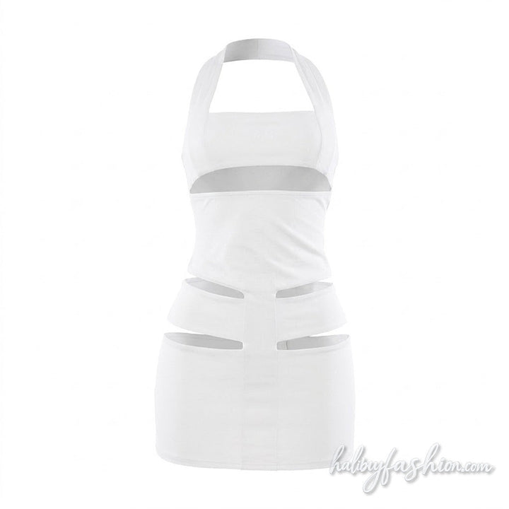 Halter hollow out square neck solid mini dress