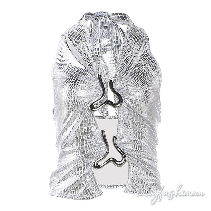 Metallic halter self tie hollow out ruched v neck top - Halibuy - 2