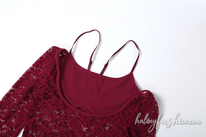 Long sleeve lace u neck hollow out bodysuit