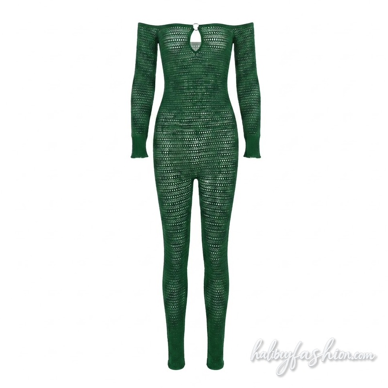 Off shoulder long sleeve hollow out o ring jumpsuit