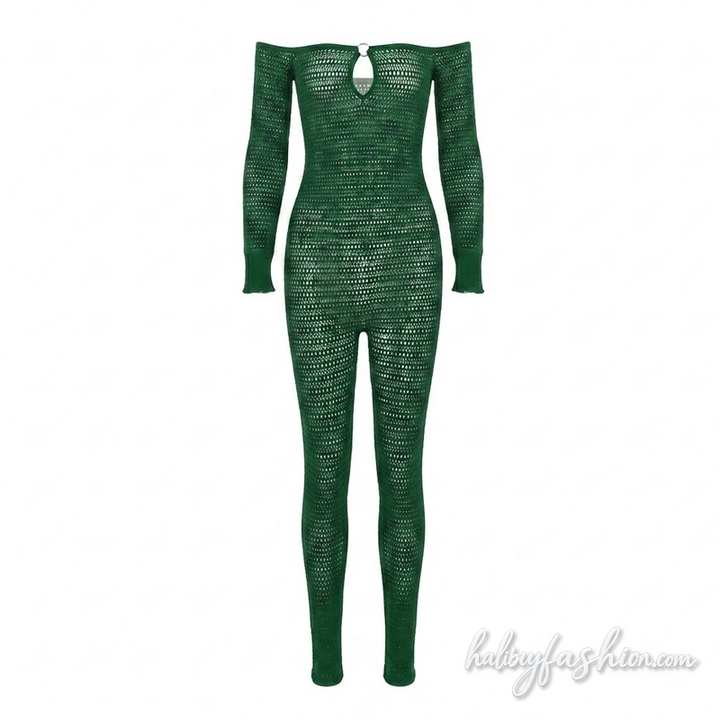 Off shoulder long sleeve hollow out o ring jumpsuit