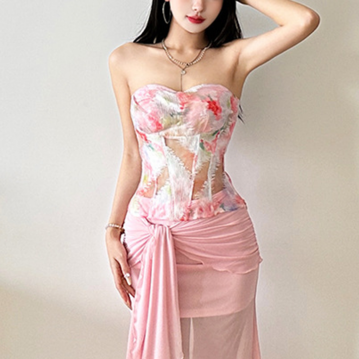 Print zip-up backless contrast tube top  | Festival Outfits Women