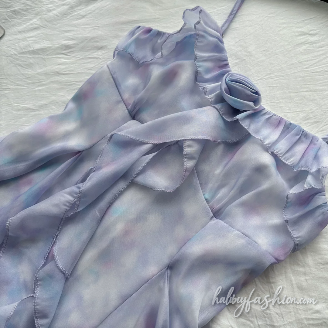 Ruffle flower applique long sleeve 2 piece cami mini dress - Halibuy - 4