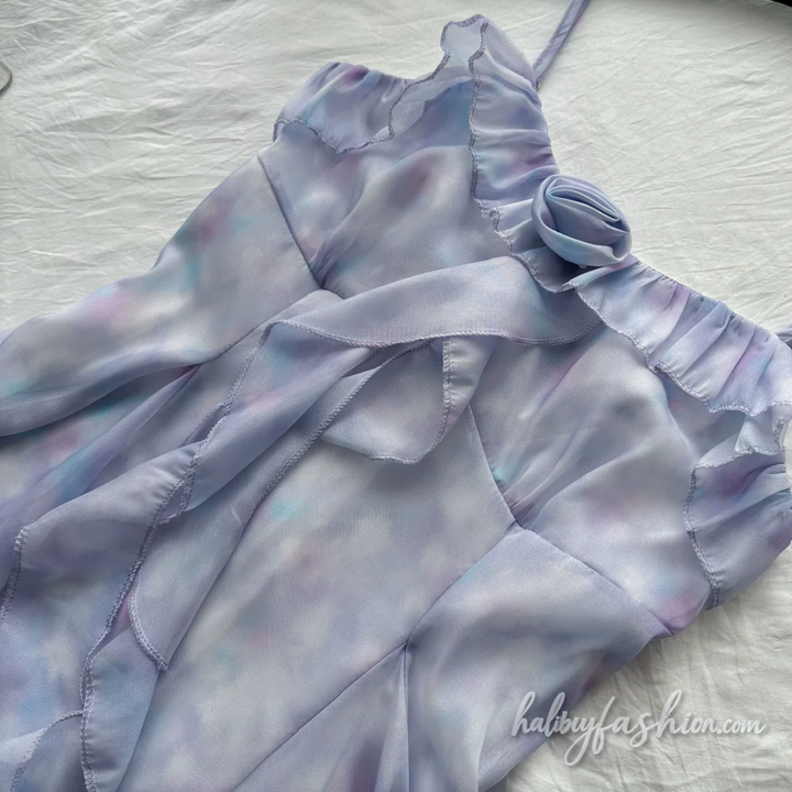 Ruffle flower applique long sleeve 2 piece cami mini dress - Halibuy - 4