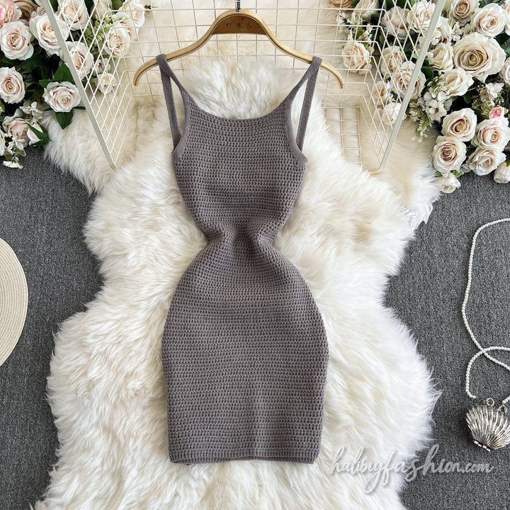 U neck knitted hollow out cami mini dress
