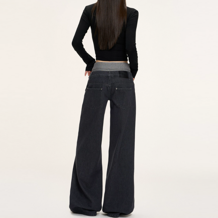 Patchwork button pocket low rise straight leg | Baggy Low Rise Jeans