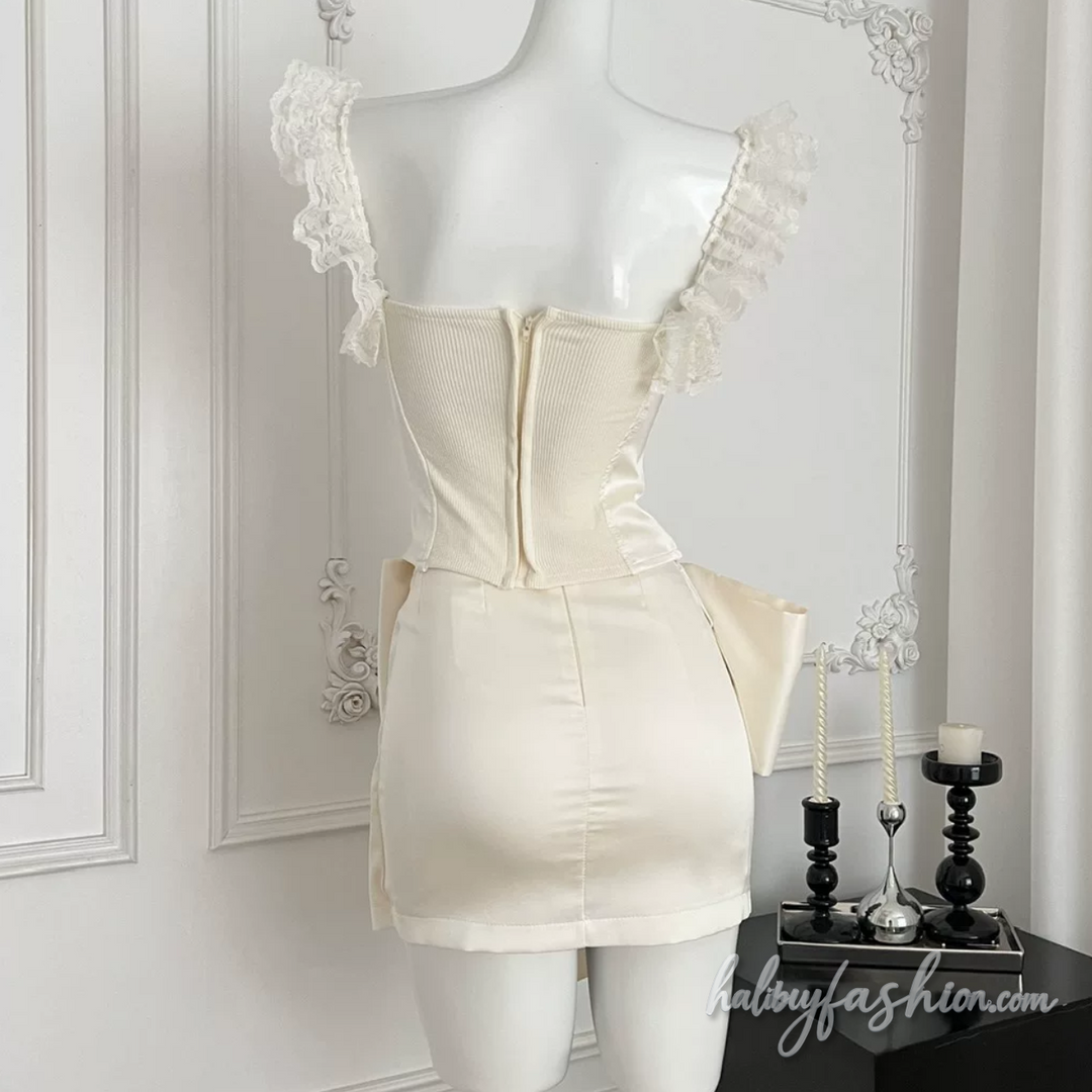 Lace hem butterfly embroidery irregular mini skirt set - Halibuy - 2