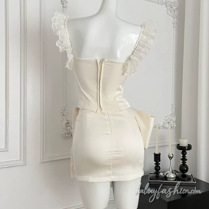 Lace hem butterfly embroidery irregular mini skirt set - Halibuy - 2