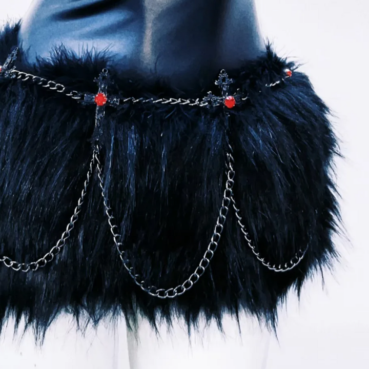 Fluffy high neck PU leather metal chain mini dress