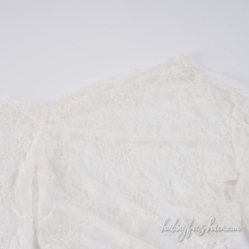 Long flared sleeve lace see through irregular top