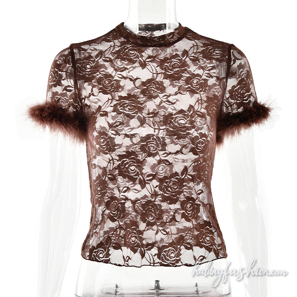 Crewneck short sleeve fluffy lace see through top - Halibuy - 2