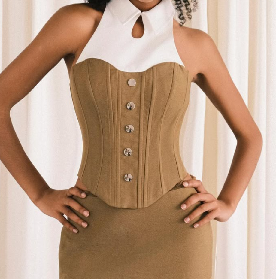 Turnover collar corset button contrast top  | Festival Outfits Women