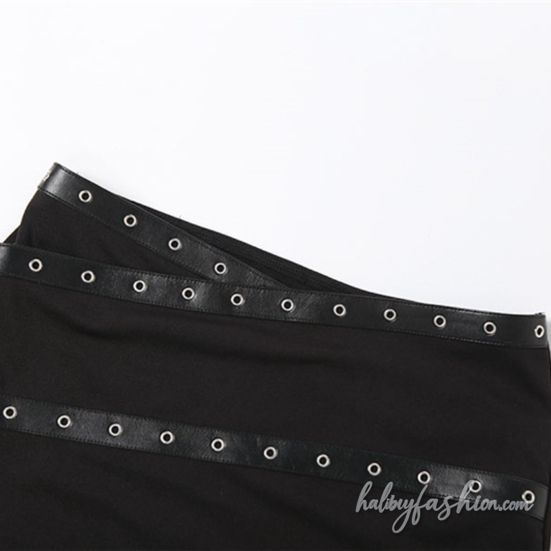 Mesh patchwork PU leather cami mini skirt set