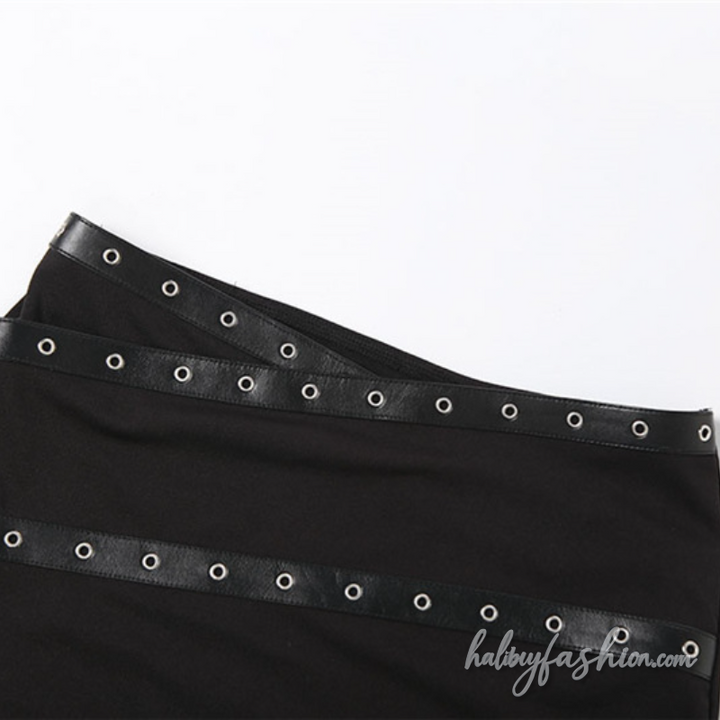 Mesh patchwork PU leather cami mini skirt set