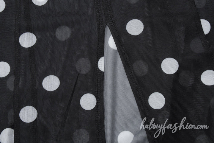 Polka dot slit sheer mesh crewneck mini dress - Halibuy - 6