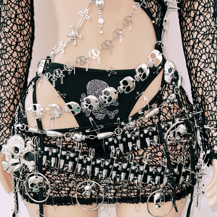 Long sleeve metal chain hollow out skull applique 3 piece dress  | Festival Outfits Women