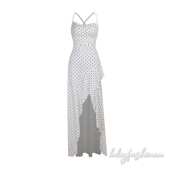 Polka dot irregular cross back self tie maxi dress