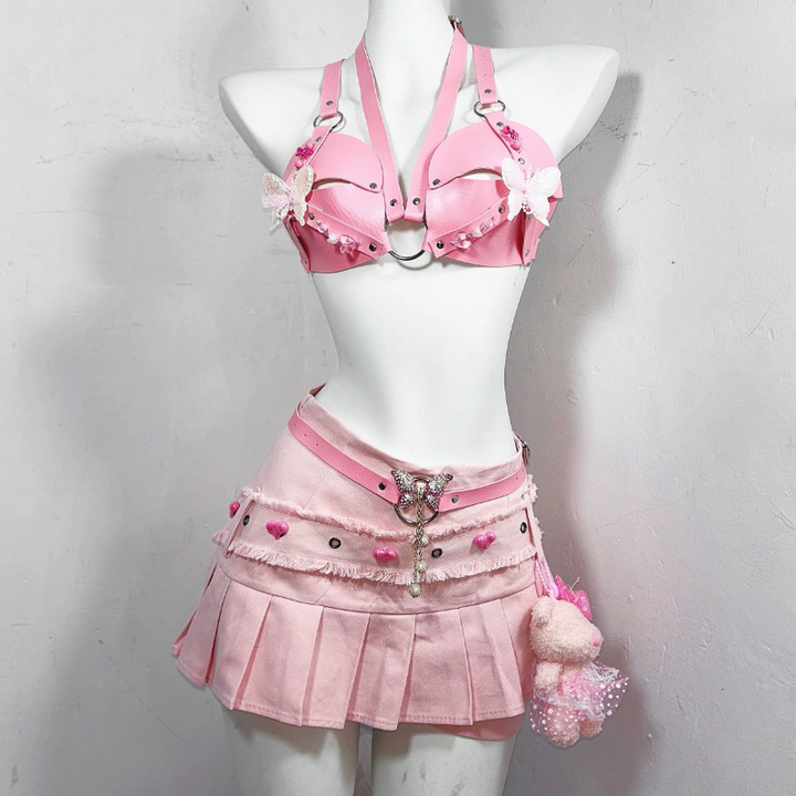 O ring PU leather butterfly applique buckle top  | Festival Outfits Women