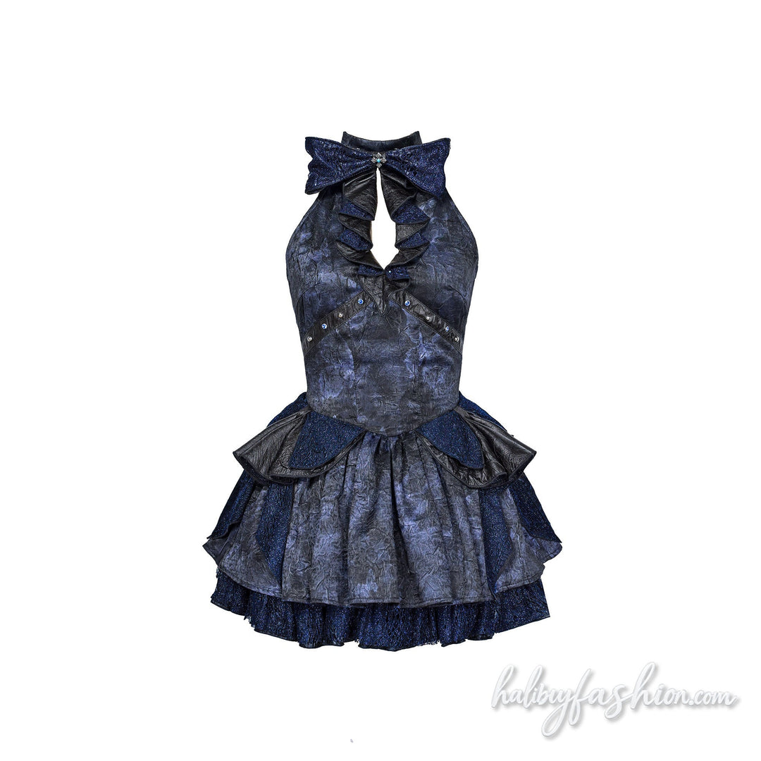 Bowknot hollow out ruched halter mini dress