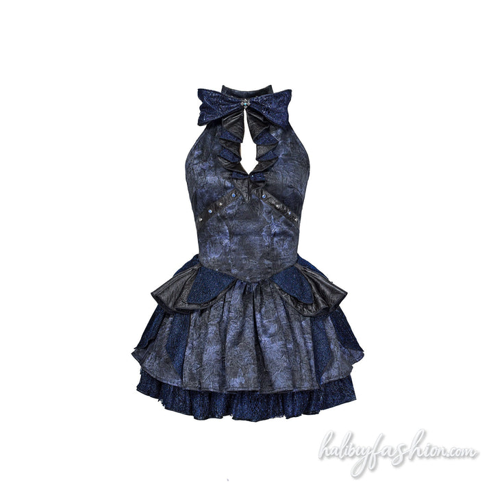 Bowknot hollow out ruched halter mini dress