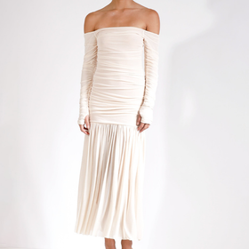 Off shoulder ruched long sleeve mesh zip-up maxi dress  | Festival Outfits Women