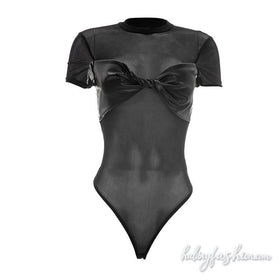 Crewneck short sleeve ruched mesh bodysuit