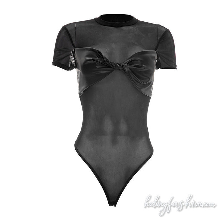 Crewneck short sleeve ruched mesh bodysuit