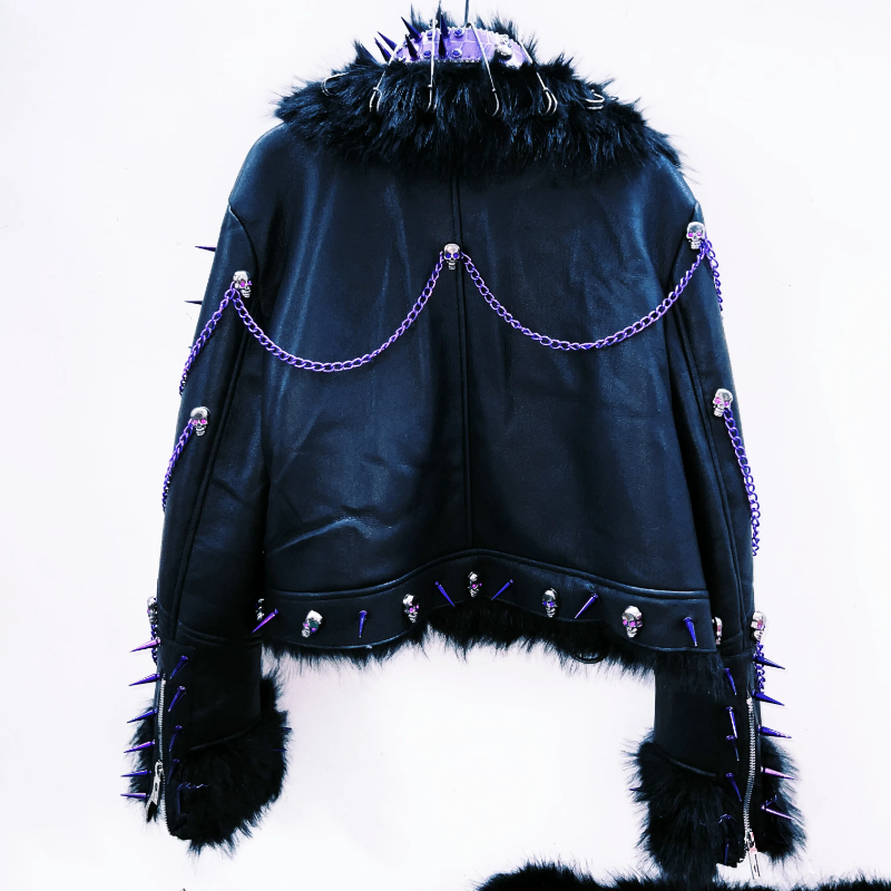 Long sleeve fluffy o ring metal chain rivet applique top  | Festival Outfits Women