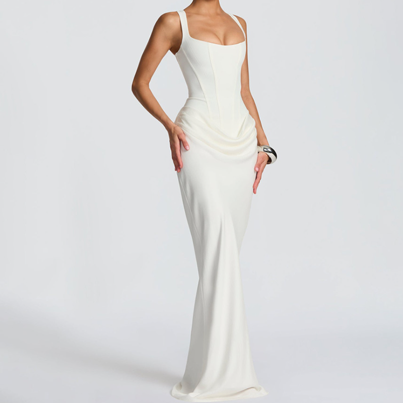 Ruched u neck backless solid cami maxi dress